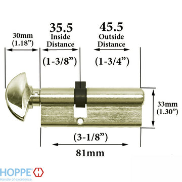 35.5 / 45.5 New Style HOPPE Active 90 Keyed Profile Cylinder Lock, Solid Brass - 413545010